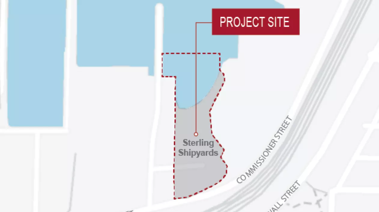 A map of the Stirling Shipyard Remediation and Infill Project site, located in the South Shore Trade Area